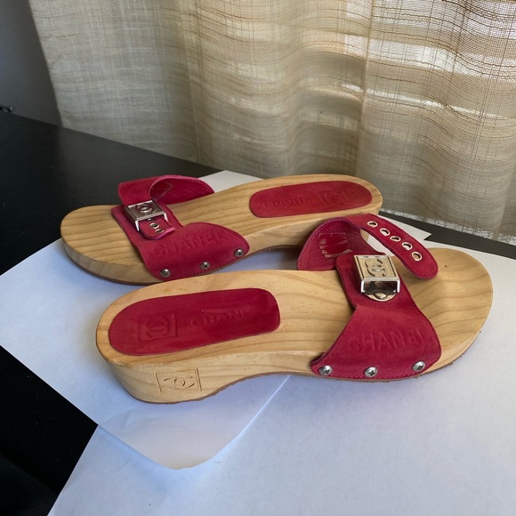 CHANEL Red Sandals Mules Silver Accent adjust strap buckle heels slipper slides - Picture 1 of 10